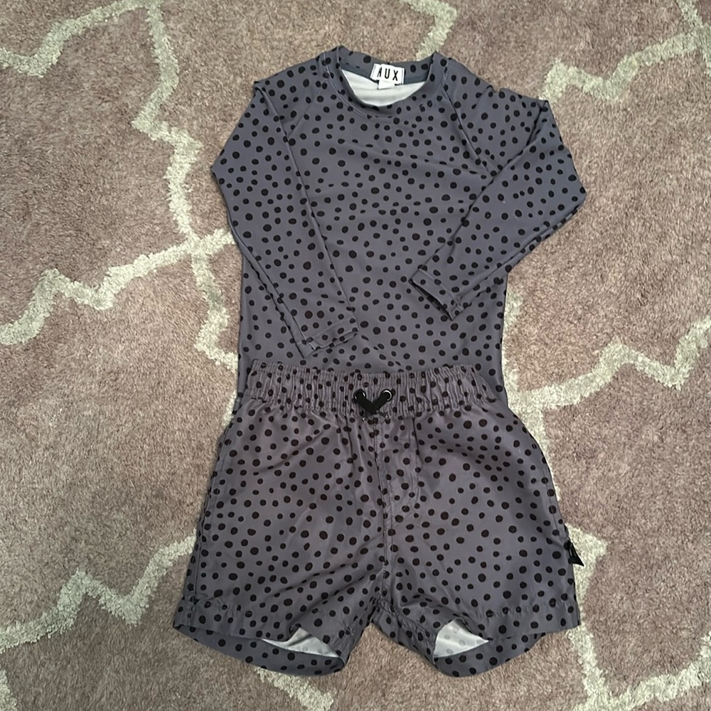 HUX baby boy blue polka dot swim rashguard shirt and short